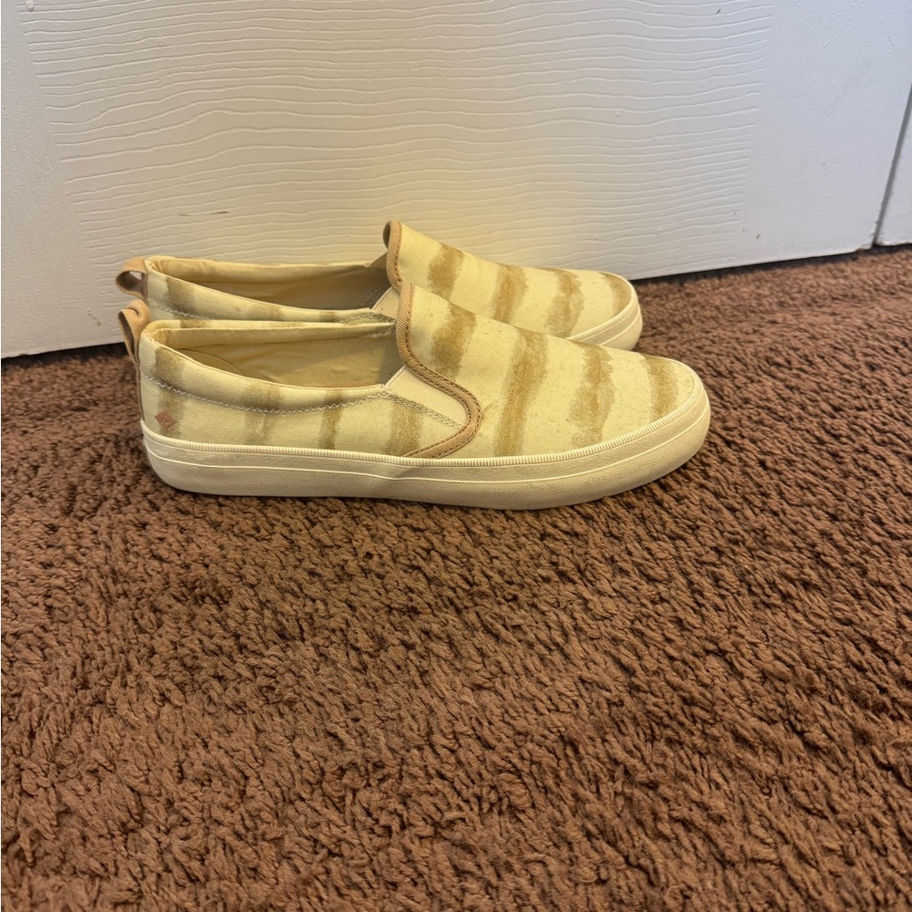 2 FOR $20 SPERRY CREST TWIN GORE Striped SLIP ON SNEAKERS Beige White 9.5 - Picture 2 of 8